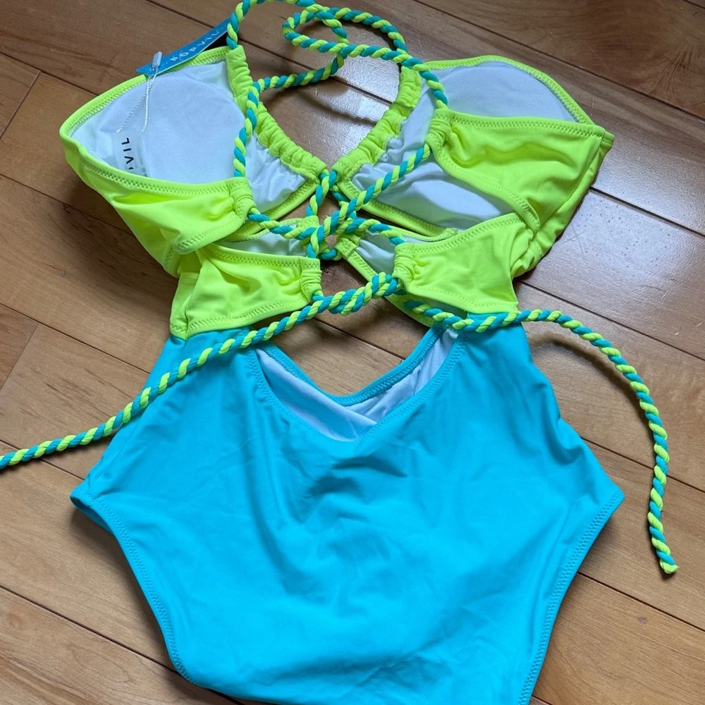 Brand NEW with Tag One Piece Swimsuit in Bright Yellow and Aqua - Picture 3 of 4